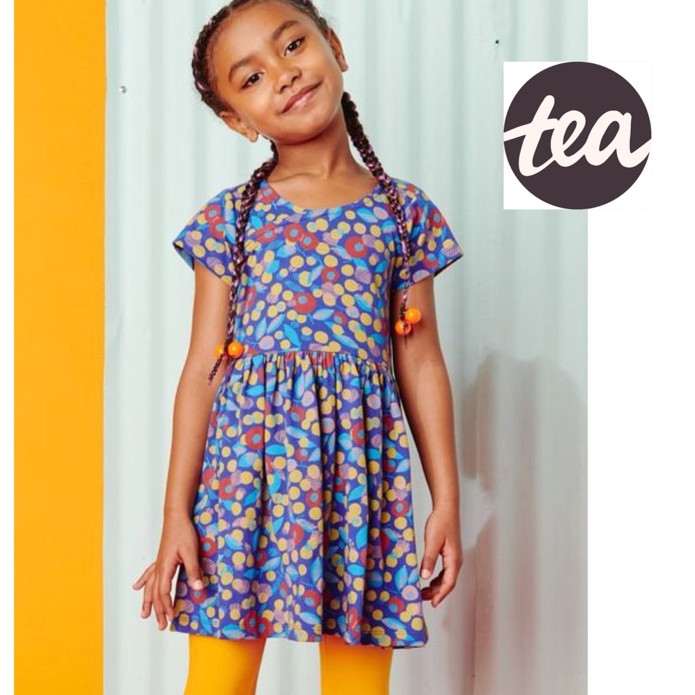Tea Collection Caribbean Cherry Short Sleeve Wrap Neck Dress in Blue Size 8